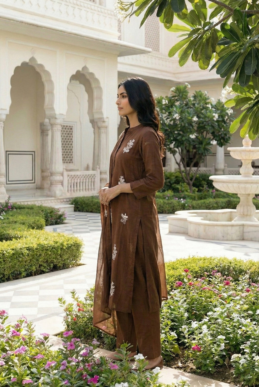Neerus Brown Silk Embroidered Suit Set - detail view 1