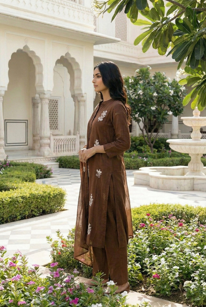 Neerus Brown Silk Embroidered Suit Set - detail view 1