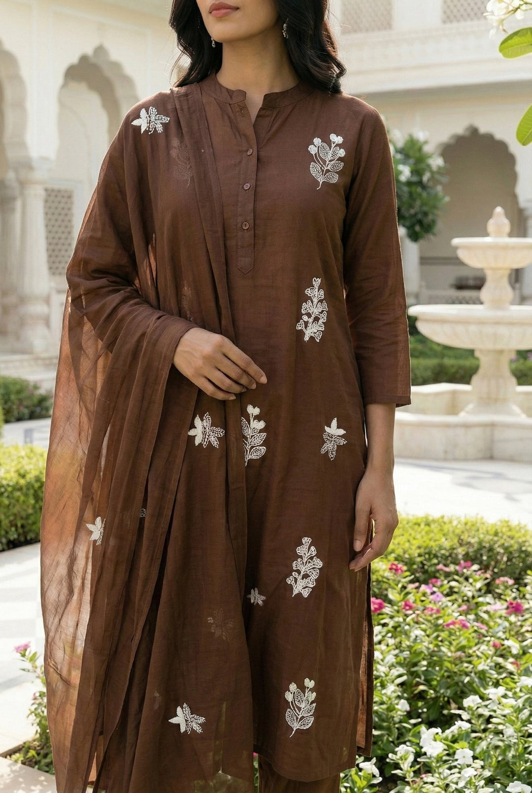 Neerus Brown Silk Embroidered Suit Set - side view