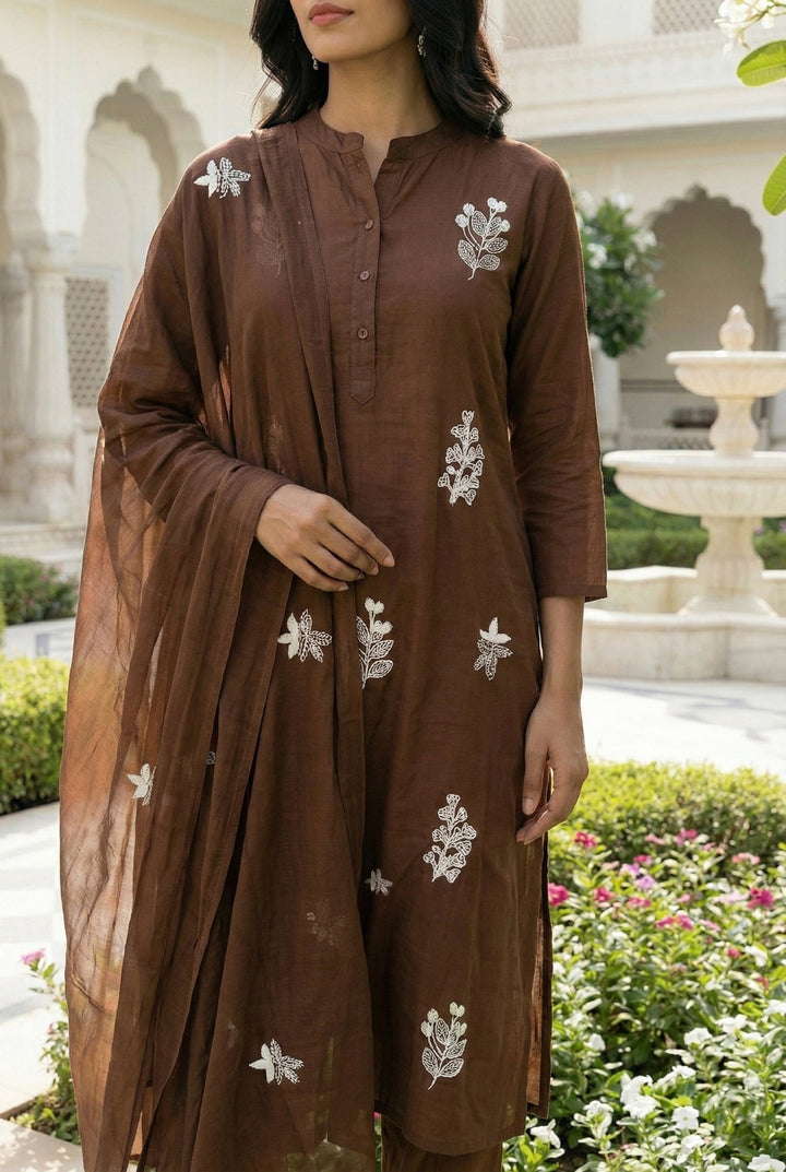 Neerus Brown Silk Embroidered Suit Set - side view