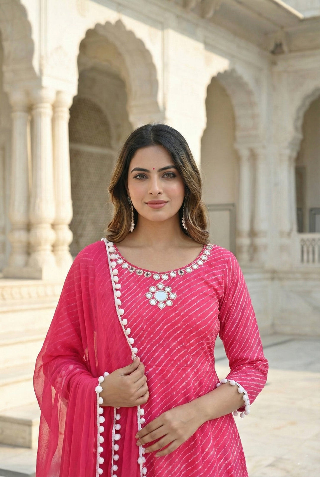 Neerus Pink georgette mirror work suit set - detail view 1
