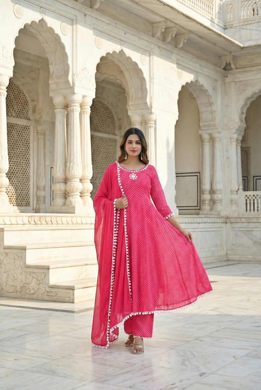 Neerus Pink georgette mirror work suit set - front view