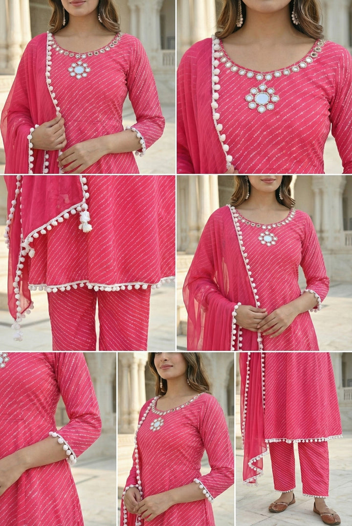 Neerus Pink georgette mirror work suit set - detail view 2