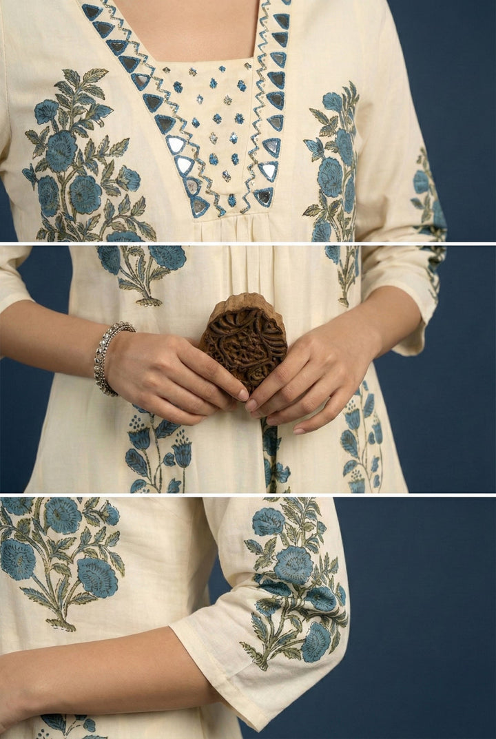 Neerus Green cotton digital printed suit set - detail view 3