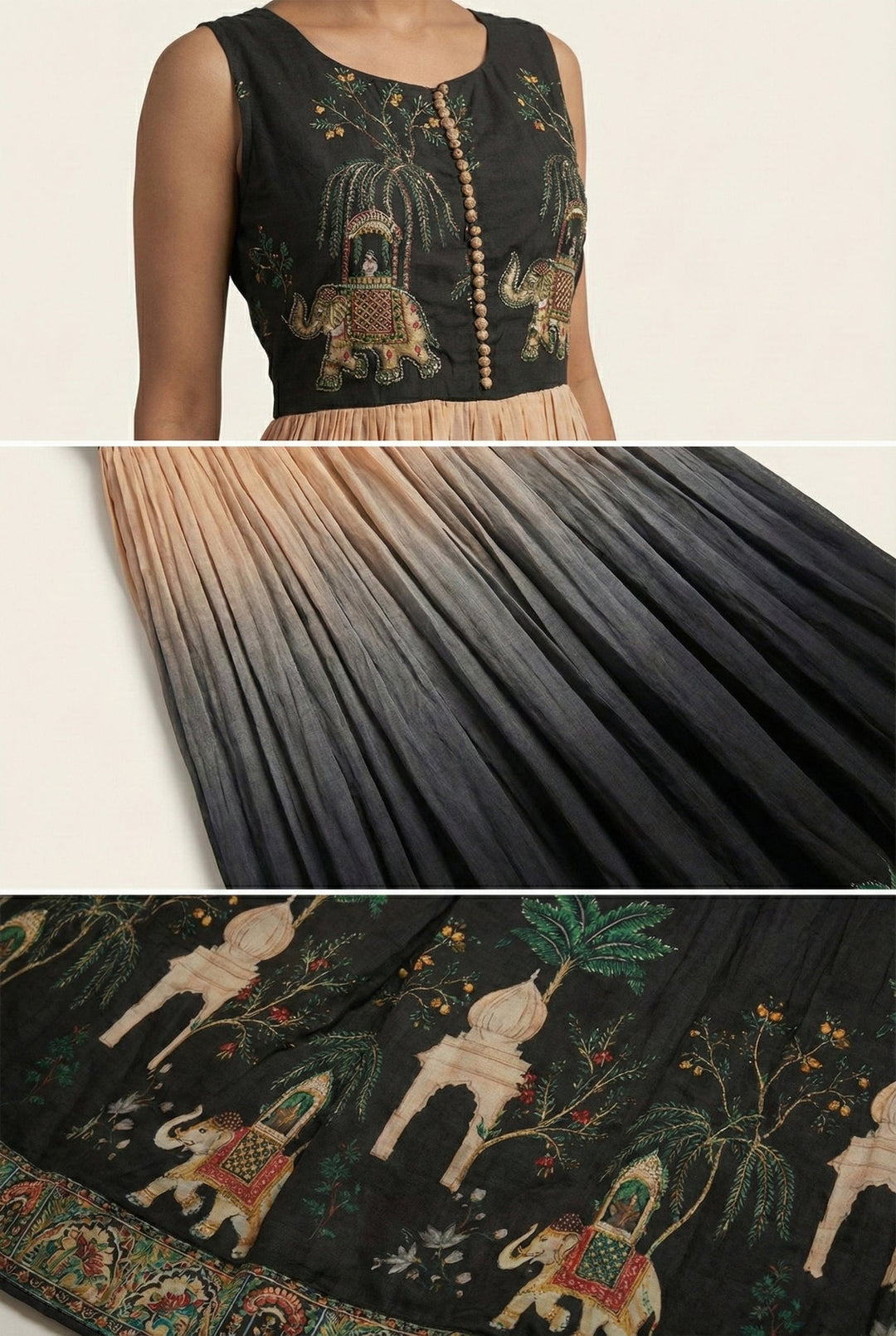 Neerus Black chinon digital printed maxi dress - detail view 4