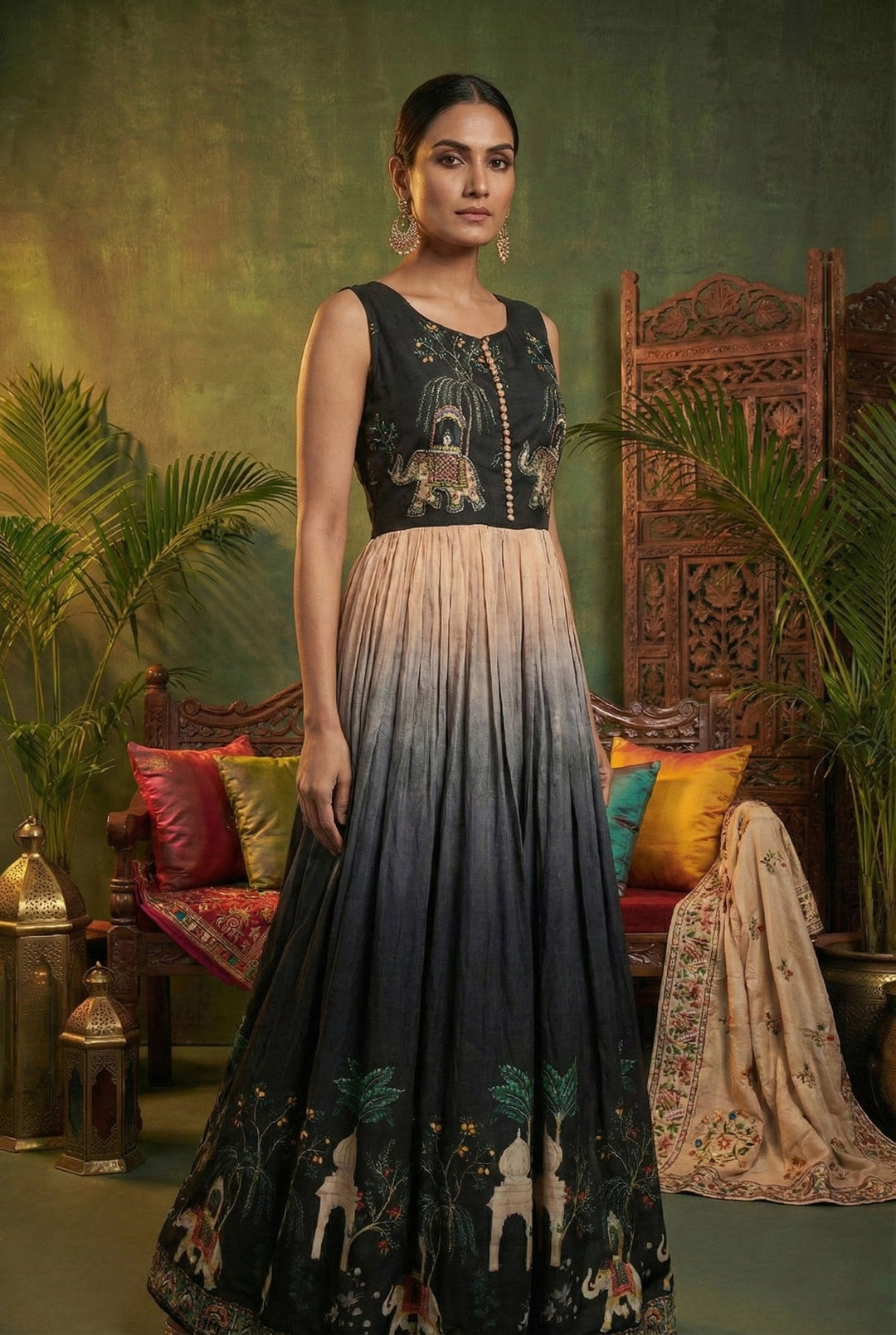 Neerus Black chinon digital printed maxi dress - detail view 5