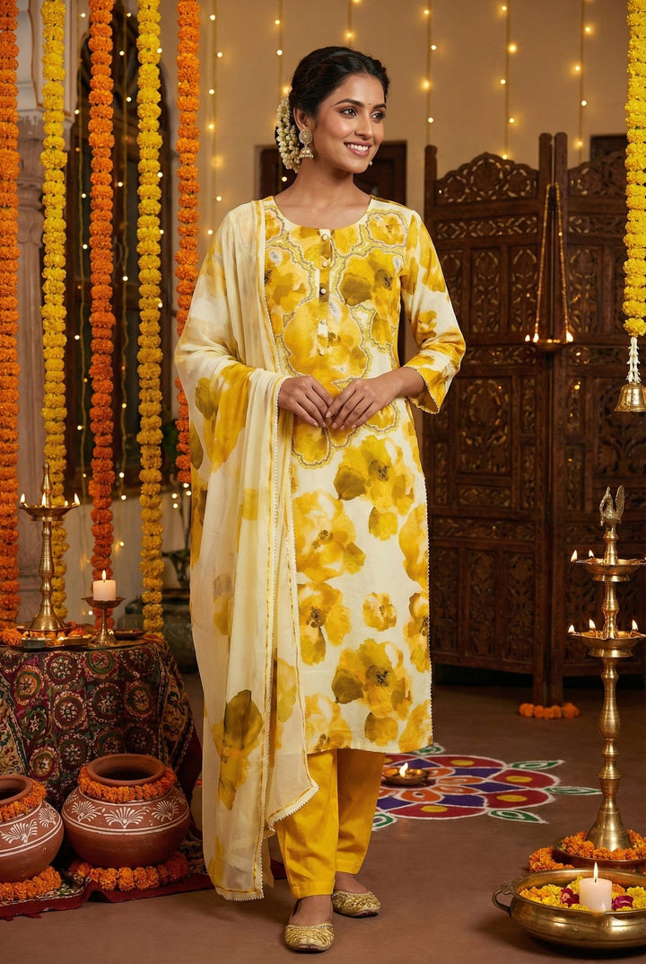 Neerus Yellow Rayon Embellished Suit Set - front view