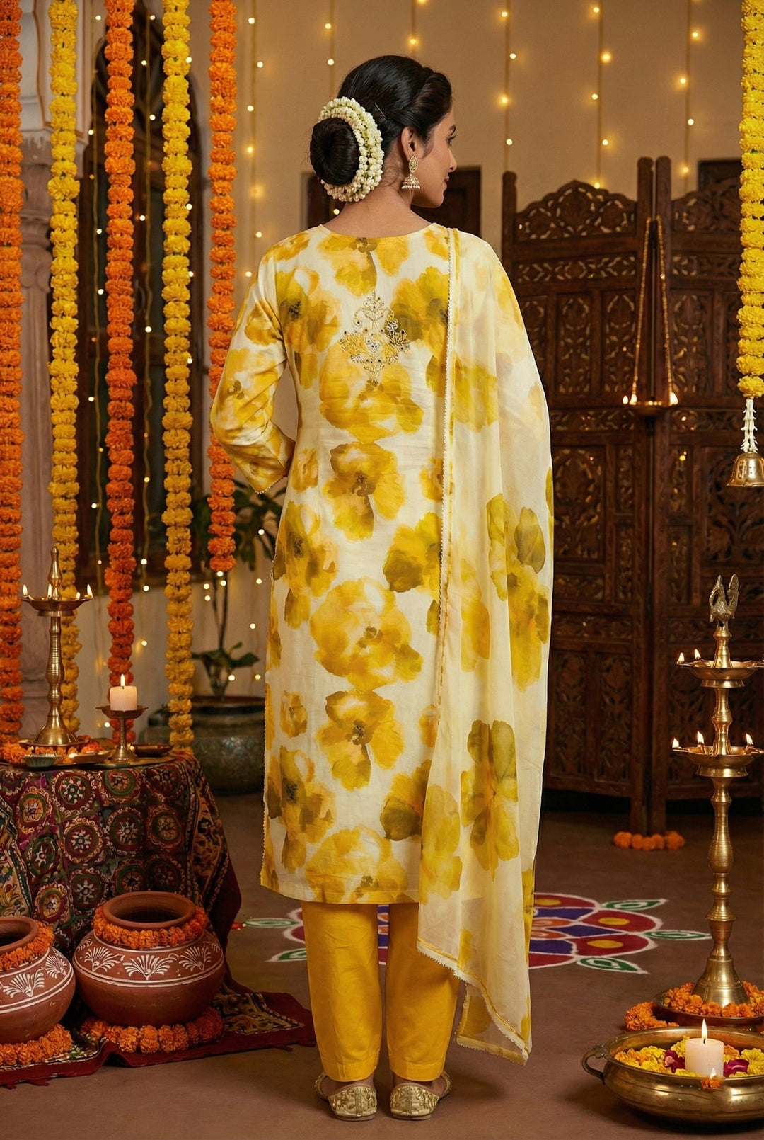Neerus Yellow Rayon Embellished Suit Set - side view