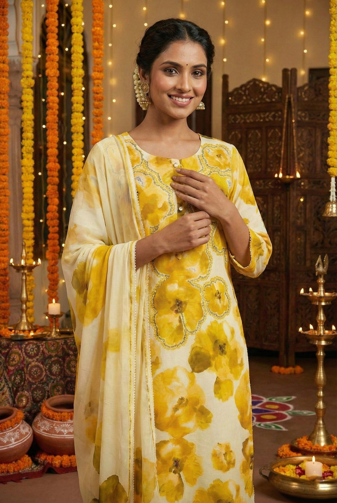 Neerus Yellow Rayon Embellished Suit Set - detail view 2