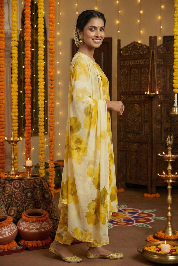Neerus Yellow Rayon Embellished Suit Set - back view