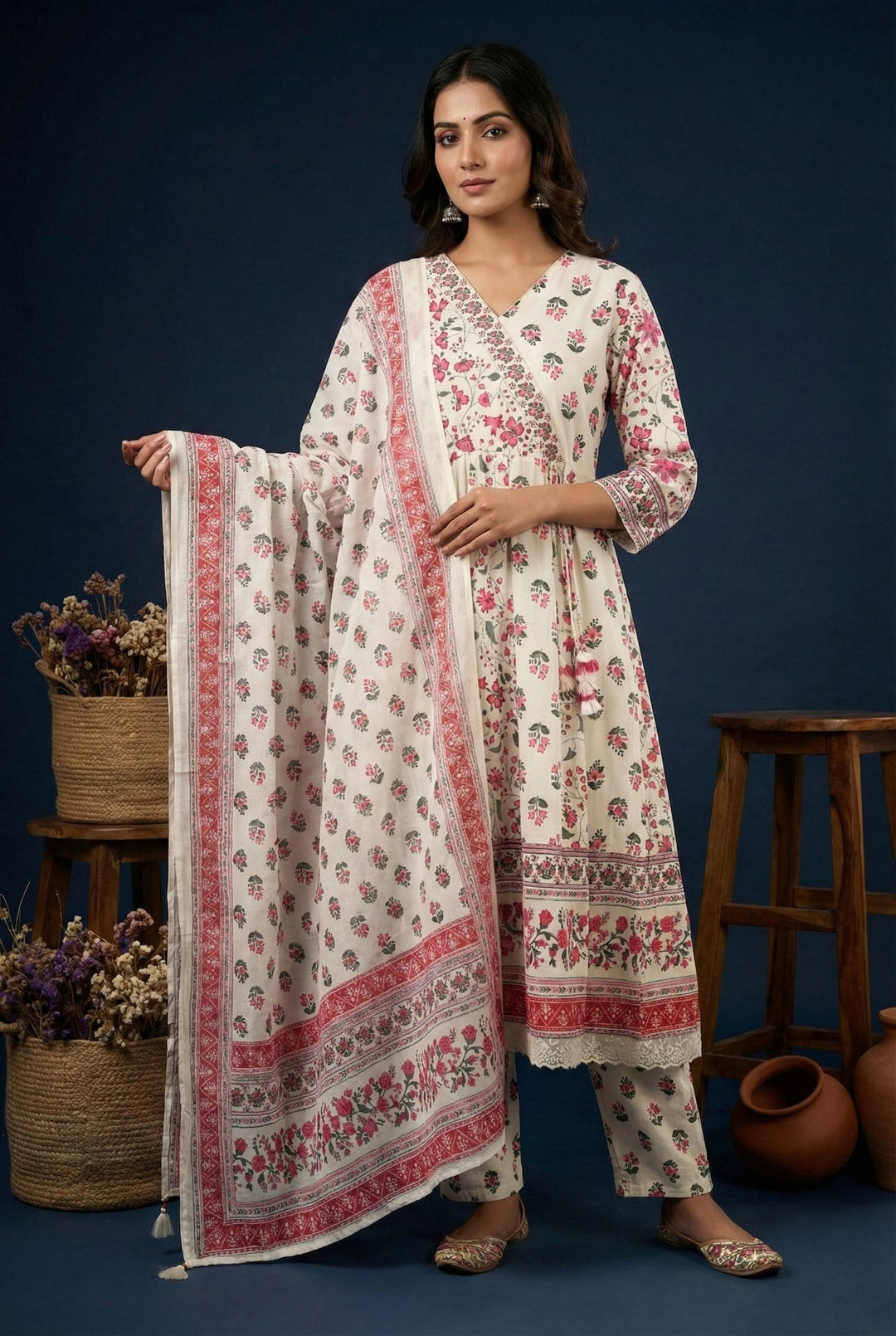 Neerus Pink cotton digital printed suit set - front view