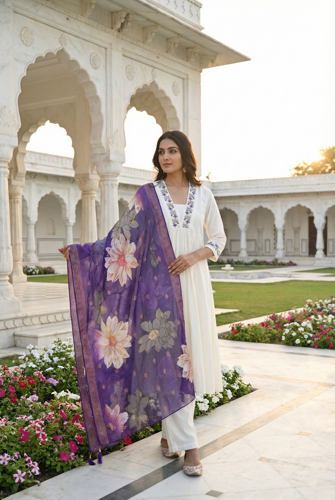 Neerus Purple Chanderi hand embroidered suit set - detail view 2
