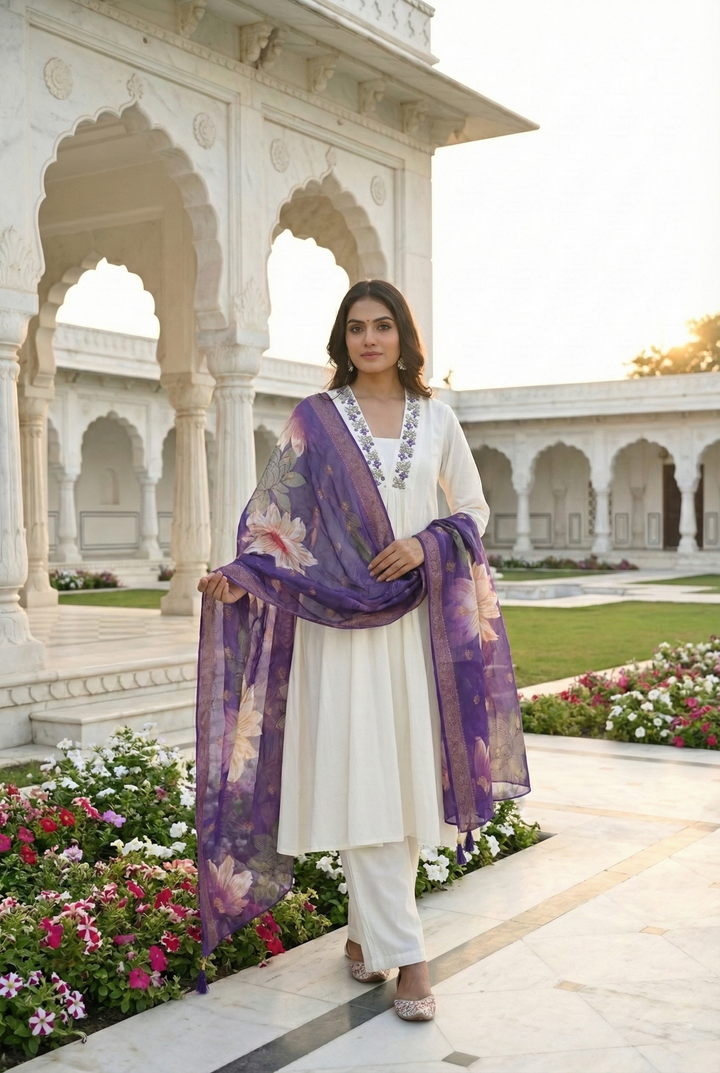 Neerus Purple Chanderi hand embroidered suit set - front view