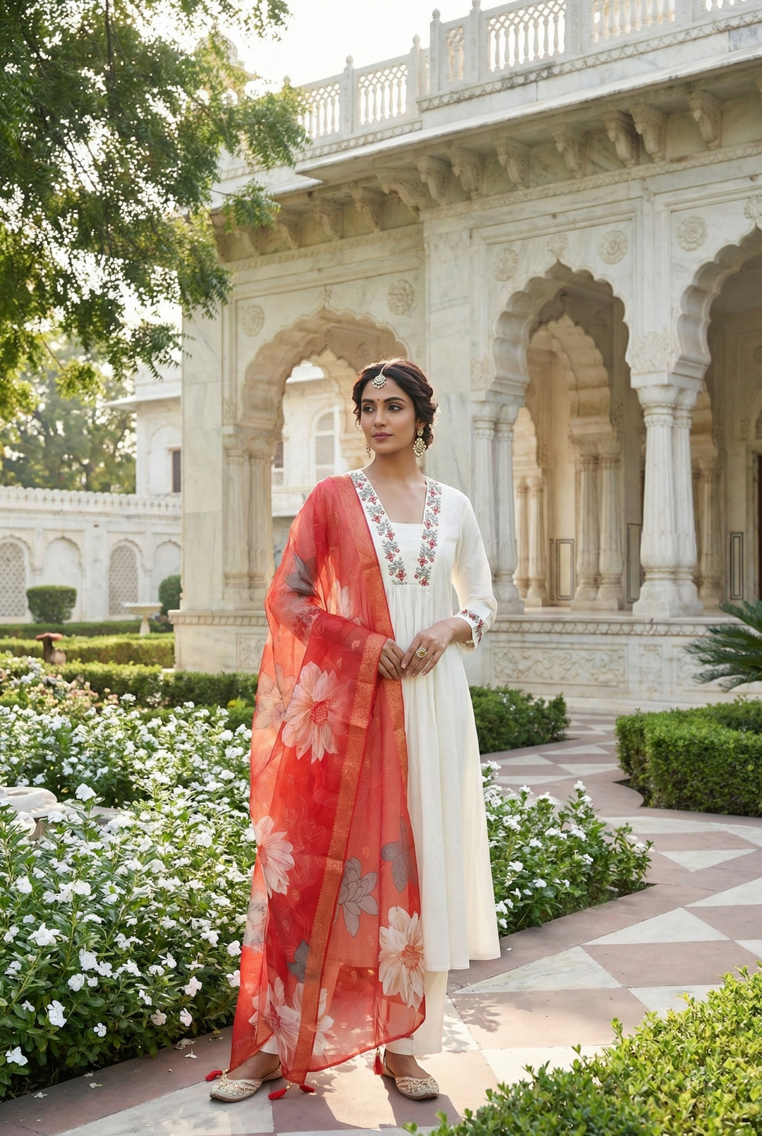 Neerus Orange Chanderi Hand Embroidered Suit Set - front view