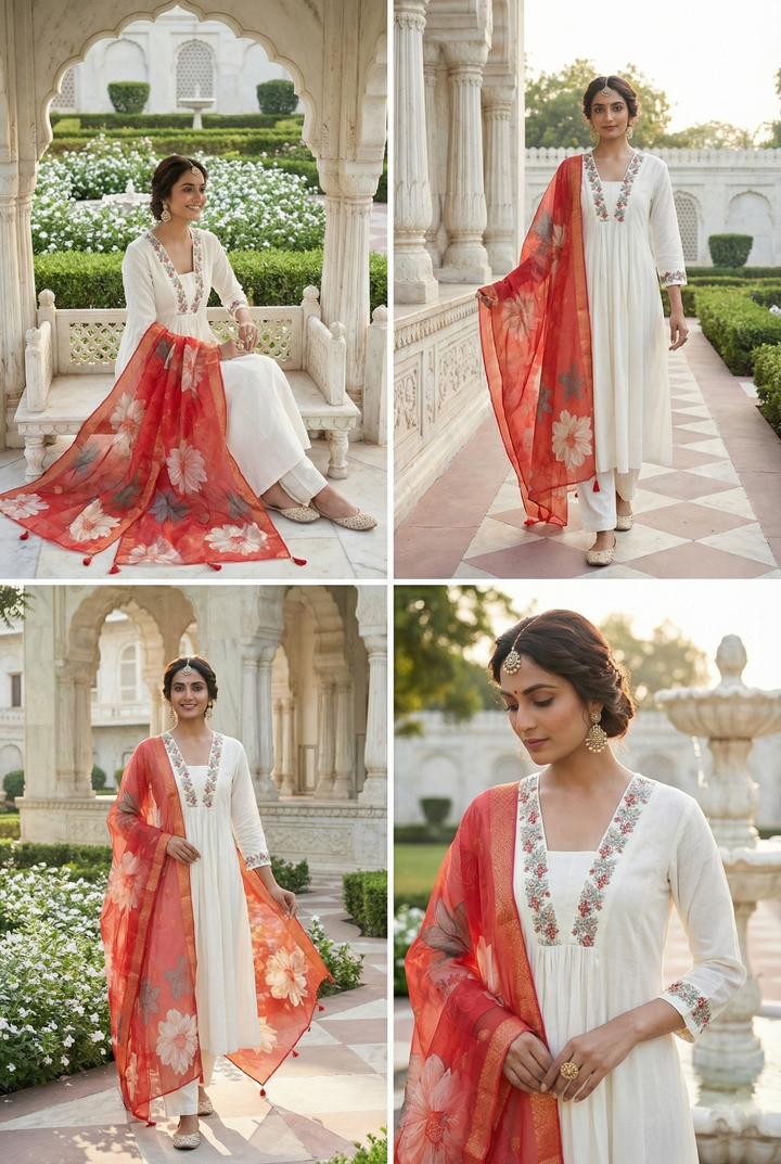 Neerus Orange Chanderi Hand Embroidered Suit Set - detail view 1