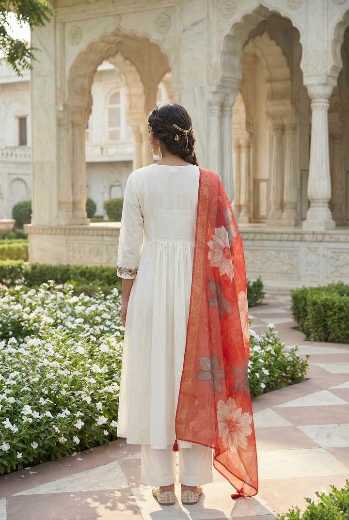 Neerus Orange Chanderi Hand Embroidered Suit Set - side view