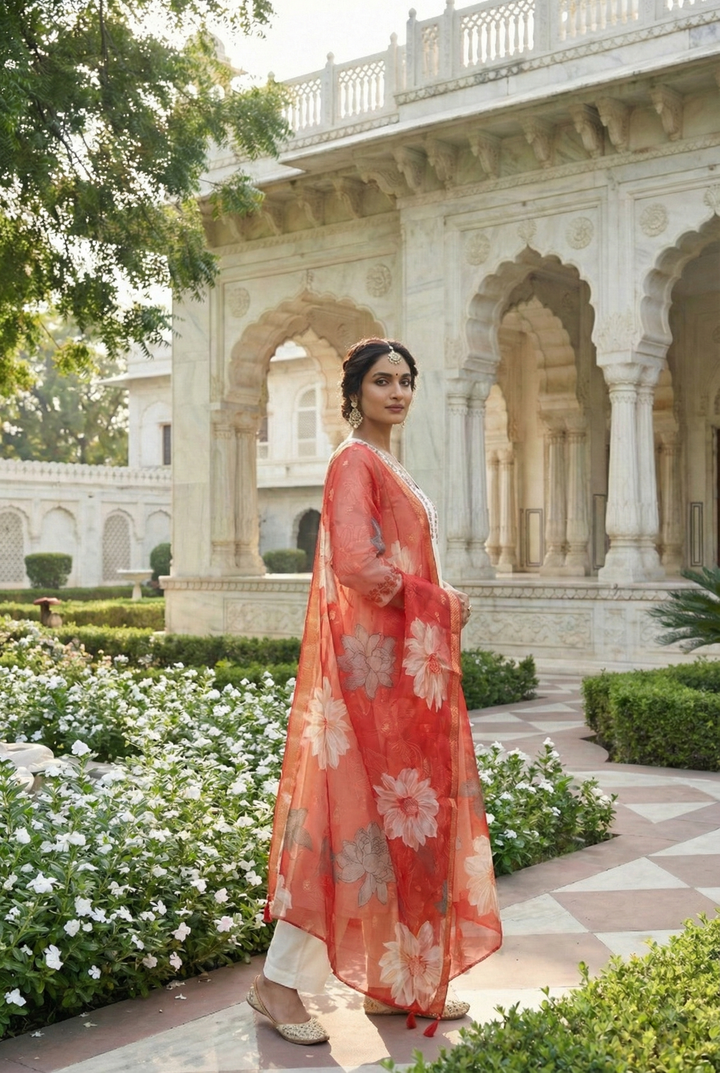 Neerus Orange Chanderi Hand Embroidered Suit Set - back view