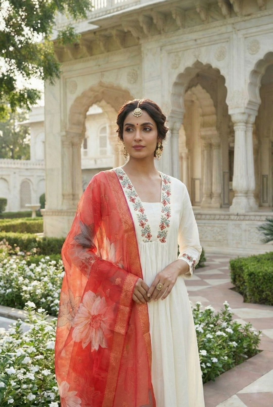 Neerus Orange Chanderi Hand Embroidered Suit Set - detail view 2