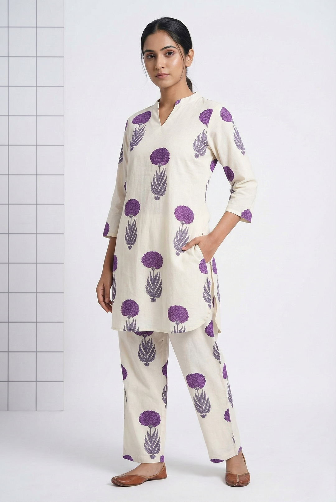 Neerus Purple cotton digital printed suit set - front view
