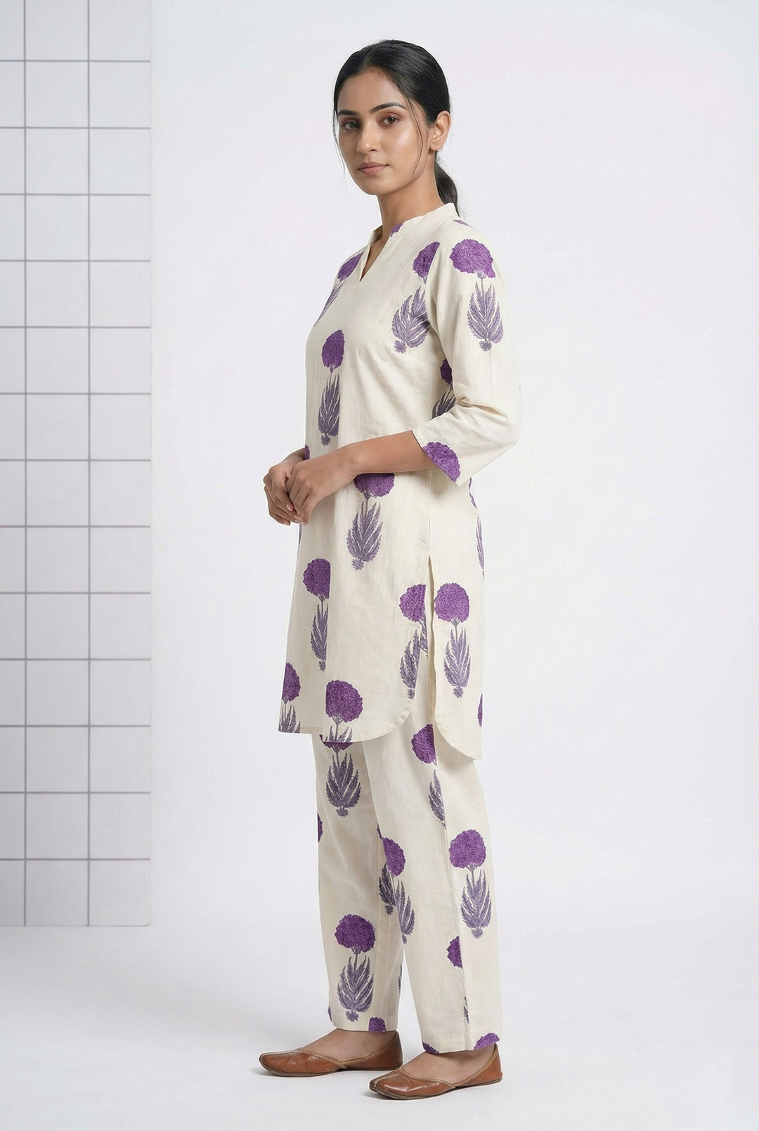 Neerus Purple cotton digital printed suit set - back view