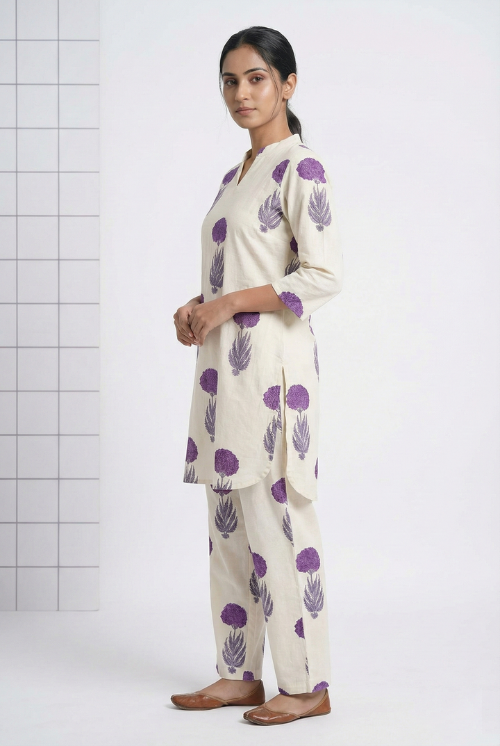 Neerus Purple cotton digital printed suit set - back view
