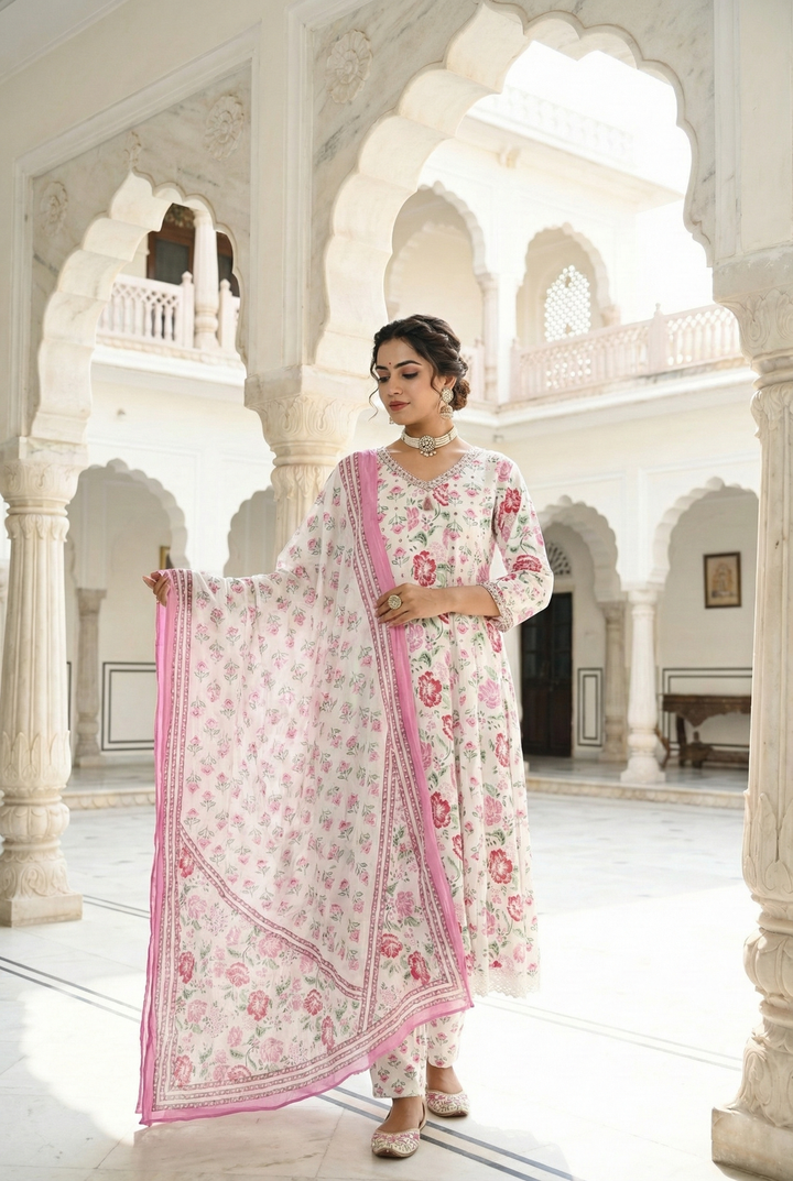 Neerus Pink cotton hand embroidered suit set - back view