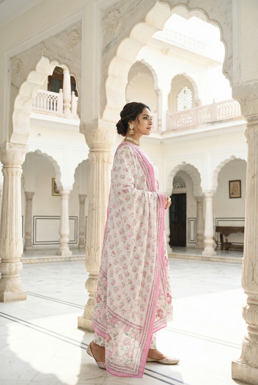 Neerus Pink cotton hand embroidered suit set - side view