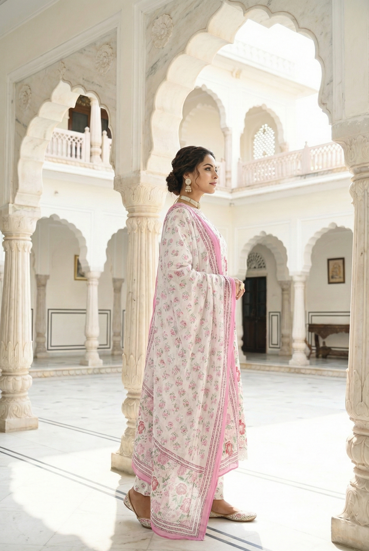 Neerus Pink cotton hand embroidered suit set - side view