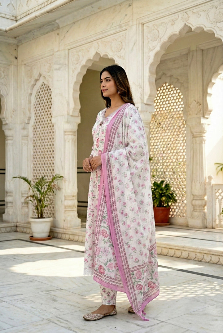 Neerus Pink cotton hand embroidered suit set - detail view 1