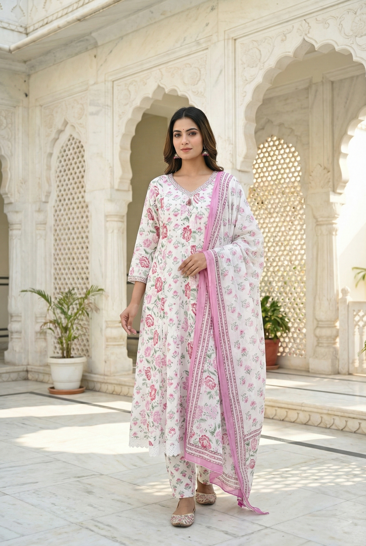 Neerus Pink cotton hand embroidered suit set - front view