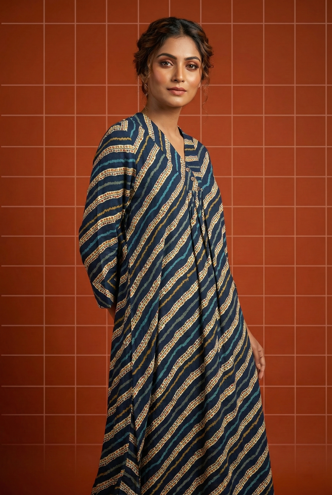 Neerus Blue Rayon Striped Ethnic Long Kurti - front view