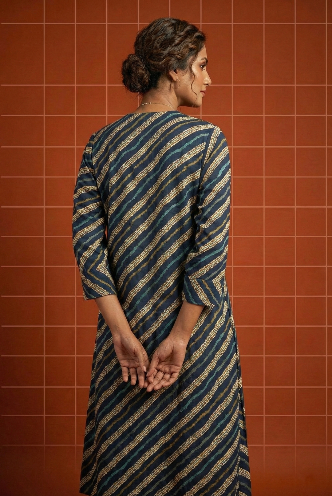 Neerus Blue Rayon Striped Ethnic Long Kurti - side view