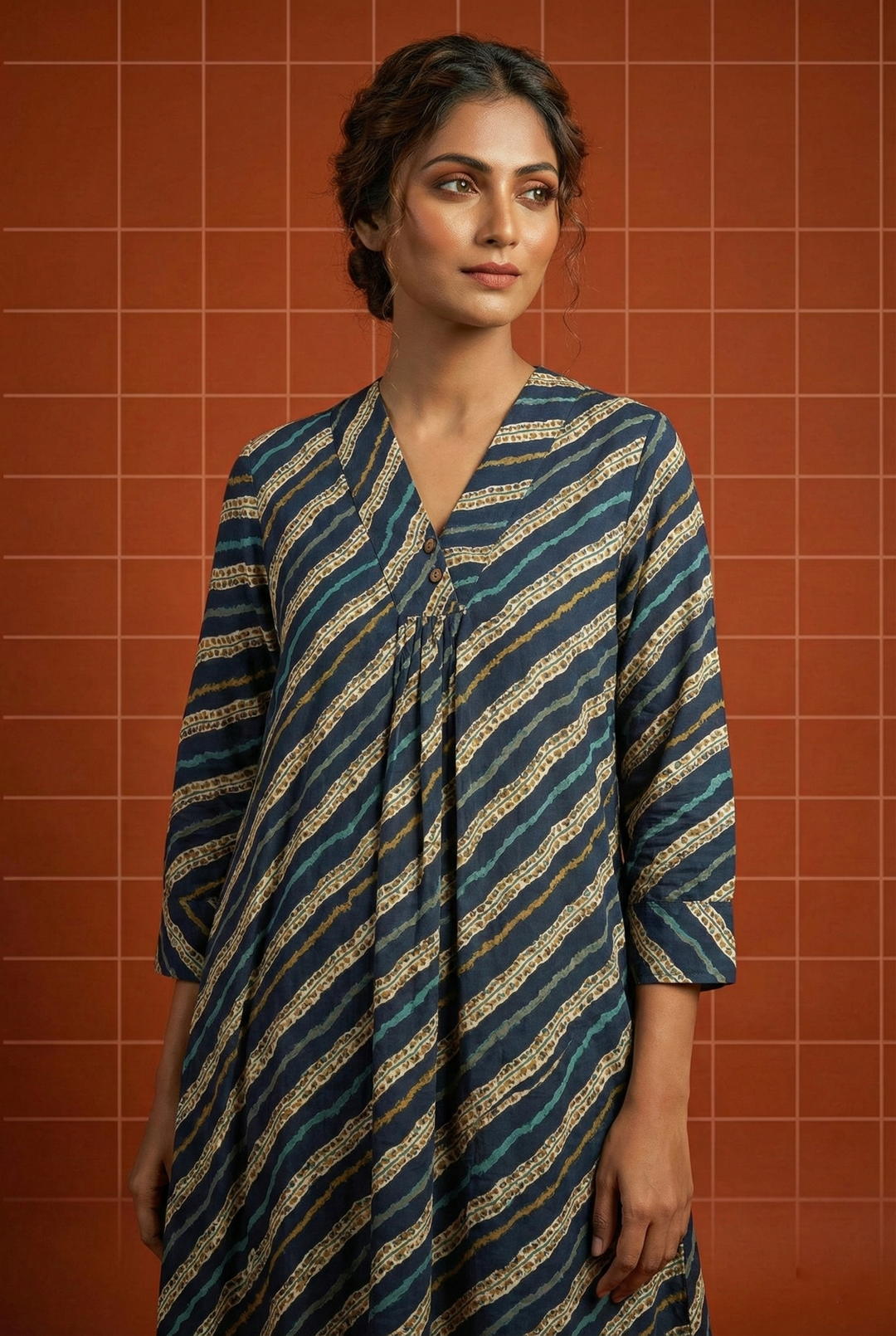 Neerus Blue Rayon Striped Ethnic Long Kurti - back view