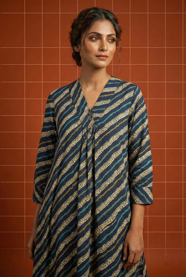 Neerus Blue Rayon Striped Ethnic Long Kurti - back view