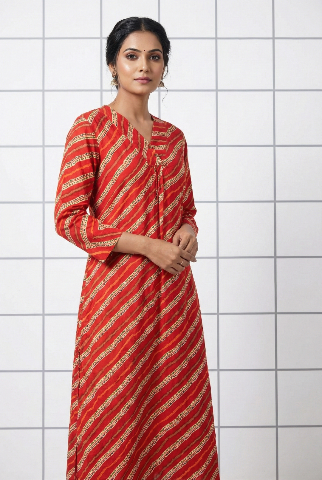Neerus Red rayon printed striped kurta - front view