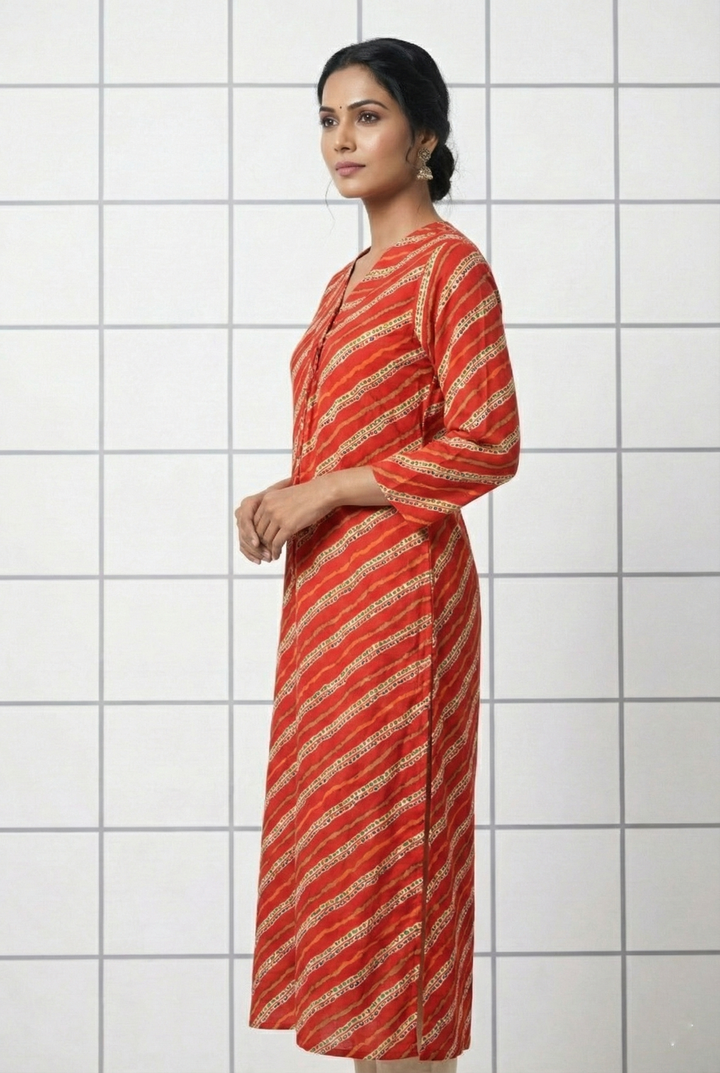 Neerus Red rayon printed striped kurta - back view
