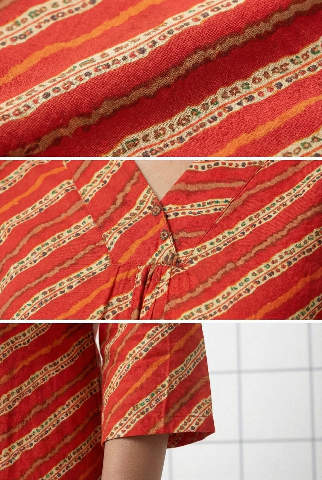 Neerus Red rayon printed striped kurta - detail view 2