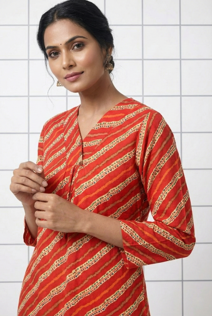 Neerus Red rayon printed striped kurta - detail view 1