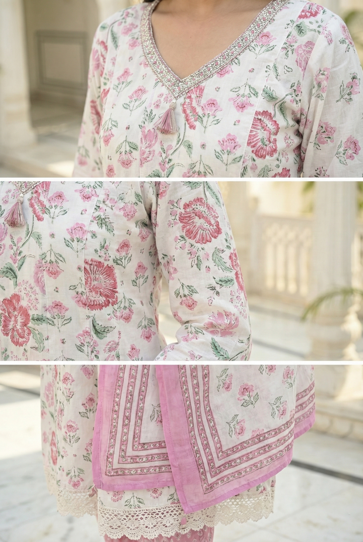 Neerus Pink cotton hand embroidered suit set - detail view 2