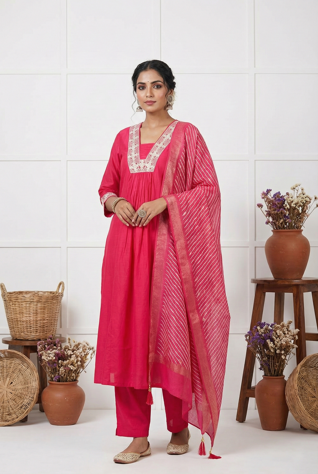 Neerus Pink muslin thread embroidered suit set - front view