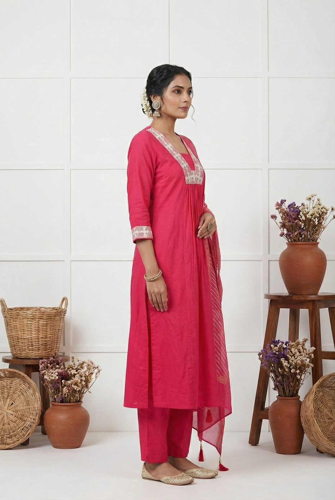 Neerus Pink muslin thread embroidered suit set - back view