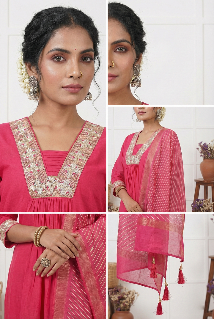 Neerus Pink muslin thread embroidered suit set - detail view 1