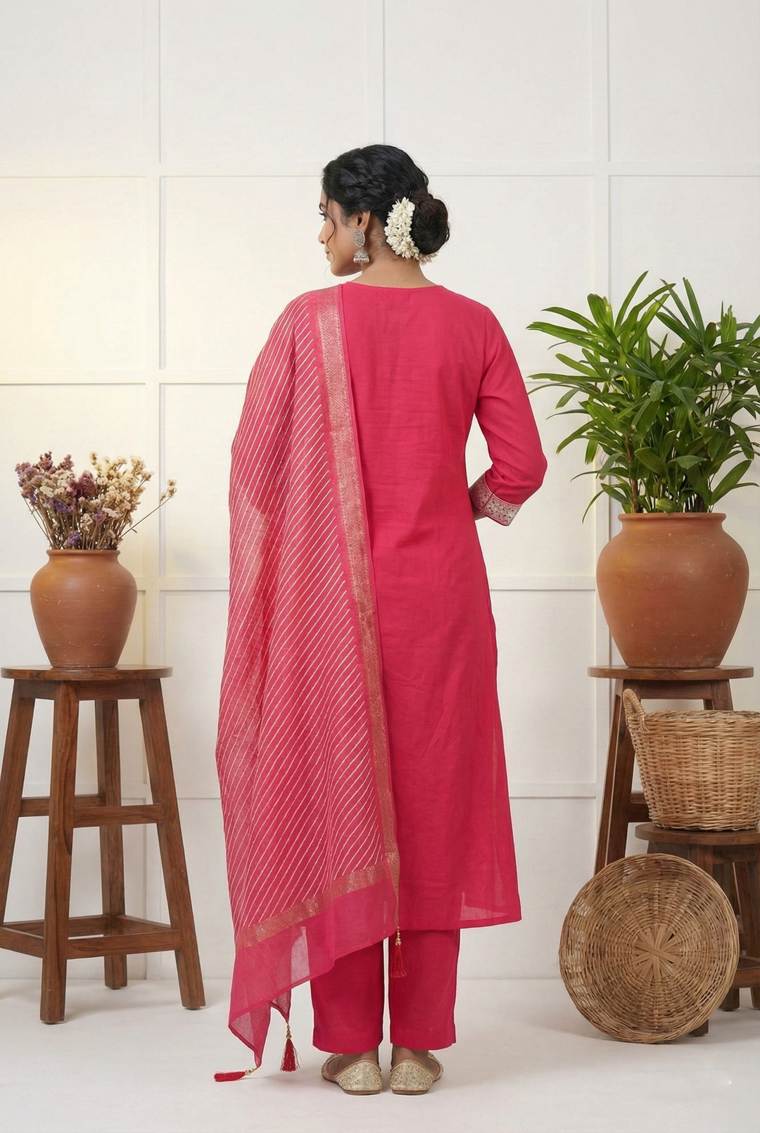 Neerus Pink muslin thread embroidered suit set - side view
