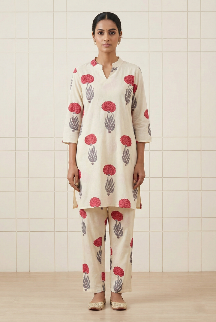 Neerus Pink cotton digital printed suit set - front view