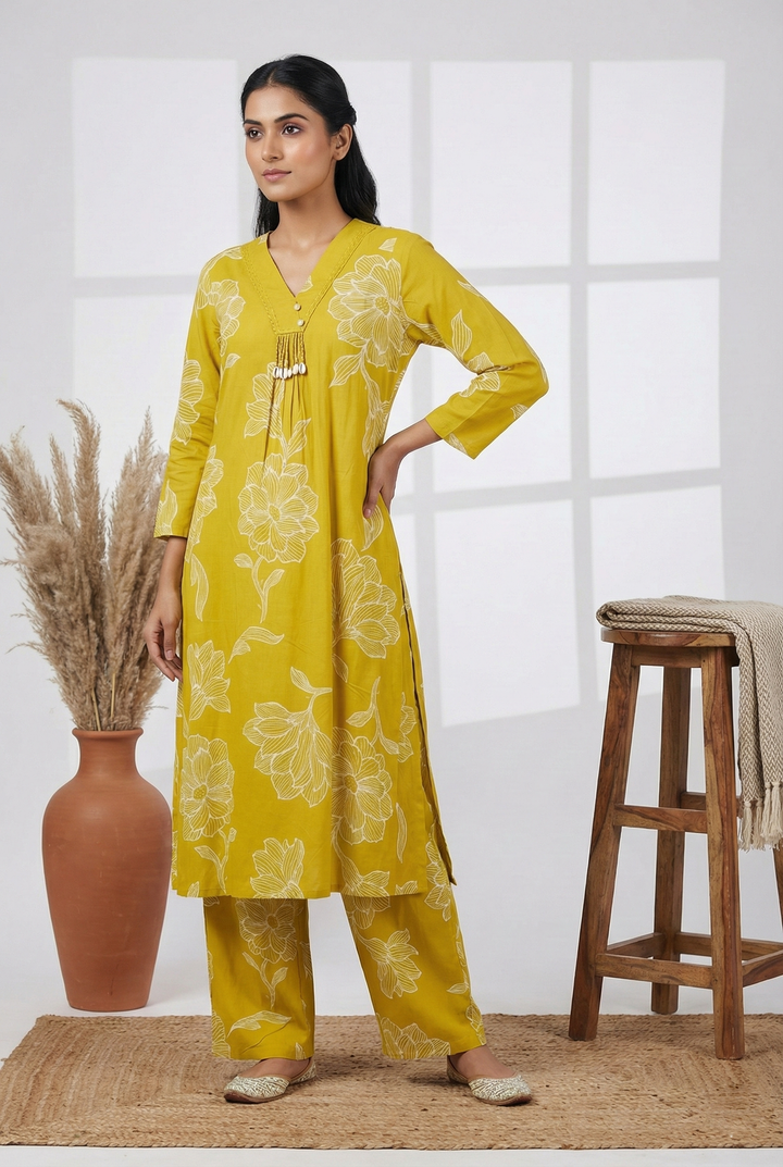 Neerus Green rayon digital printed suit set - front view