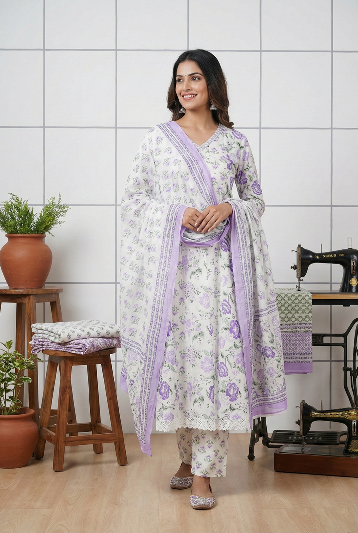 Neerus Purple cotton hand embroidered suit set - front view