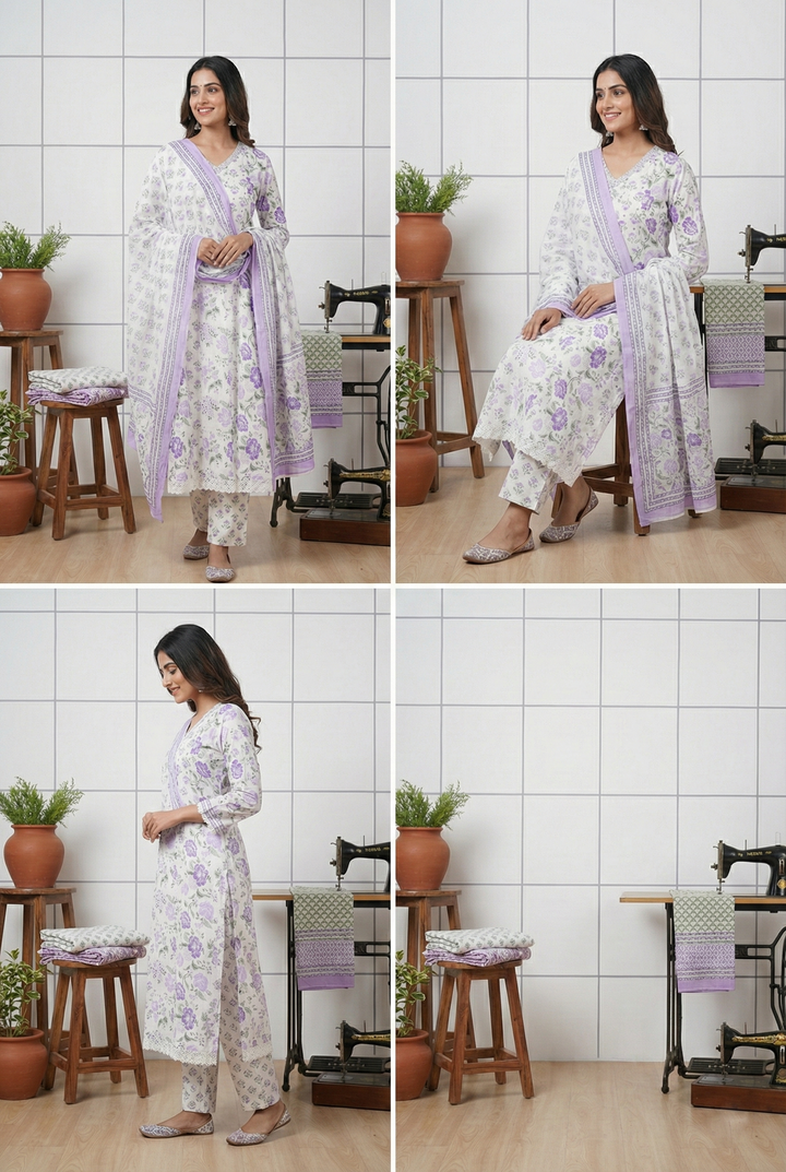 Neerus Purple cotton hand embroidered suit set - detail view 3