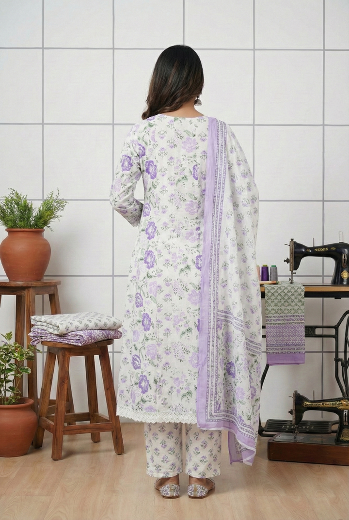 Neerus Purple cotton hand embroidered suit set - side view
