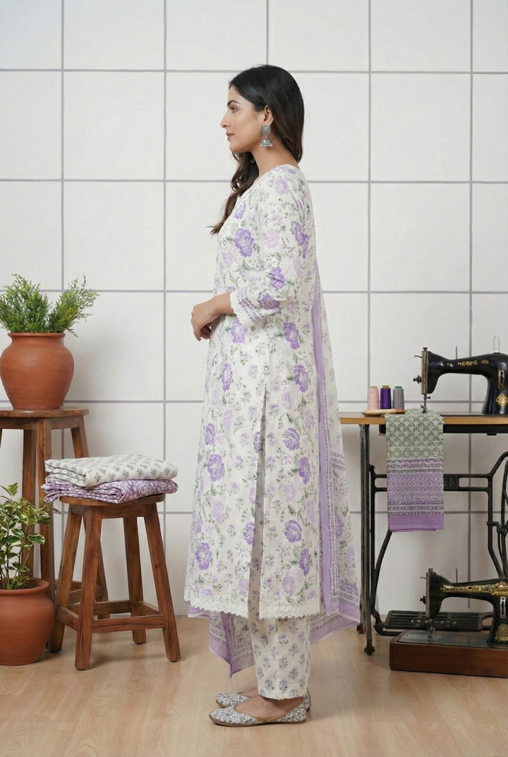 Neerus Purple cotton hand embroidered suit set - back view