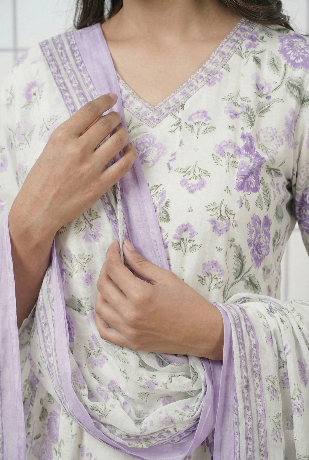 Neerus Purple cotton hand embroidered suit set - detail view 1